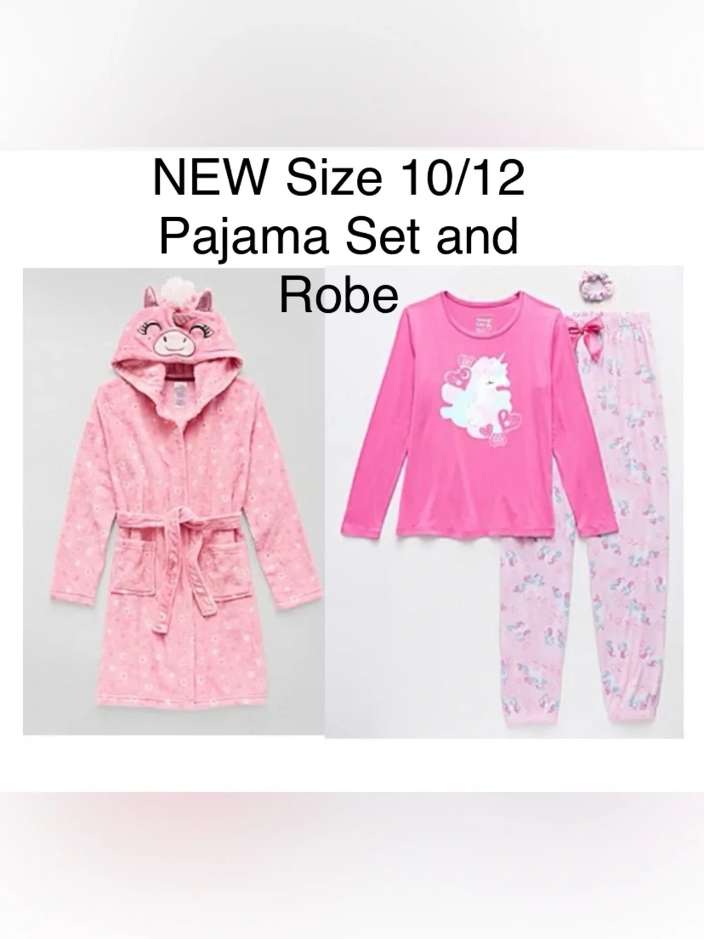 Girls Pink Unicorn Pajama Set with Hooded Robe - Size 10/12